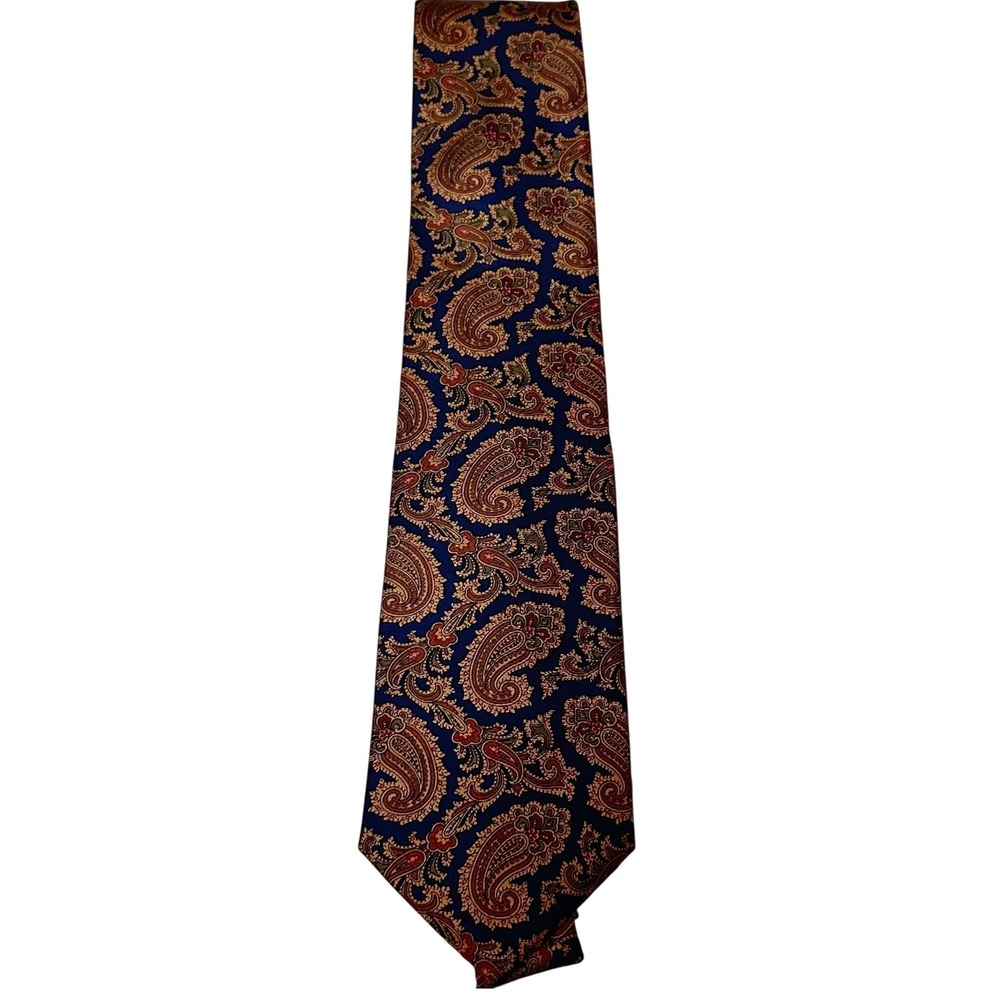 Mallory & Church London Ltd Men's Paisley Silk Tie Navy Blue Burgundy Gold NWT